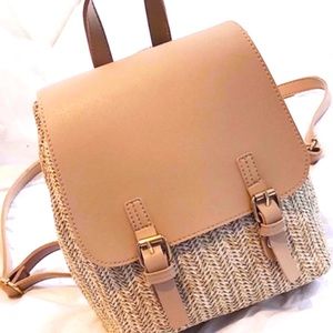 Khaki Colored Vegan Leather Buckle Detail Zipper Mini Backpack